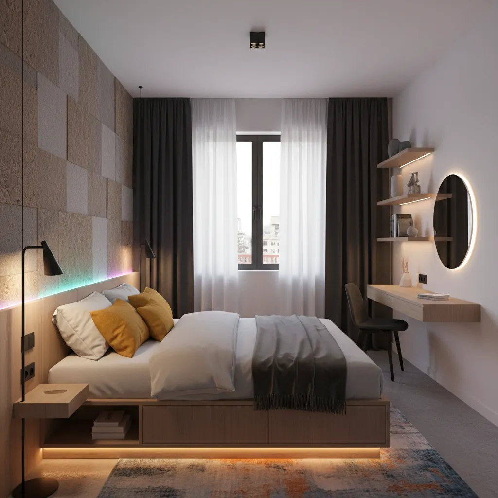 Compact boutique hotel room with bold lighting and modern furniture design