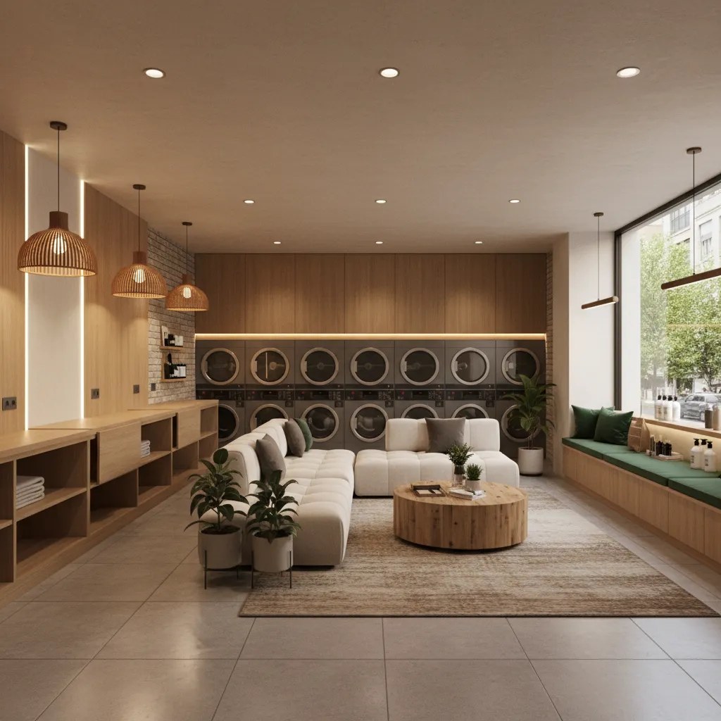 boutique style laundromat with seating lounge and folding area