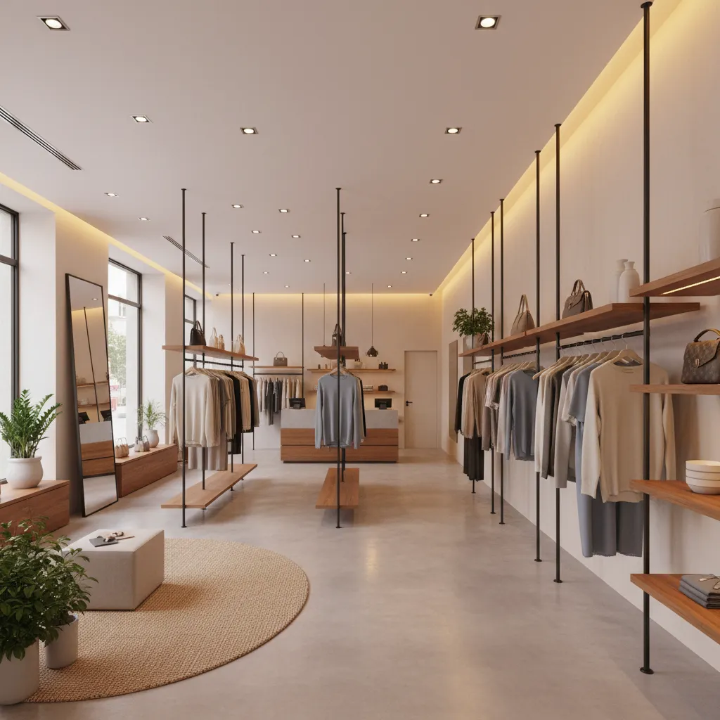 Distribución interior de una boutique con estanterías y recorrido claro