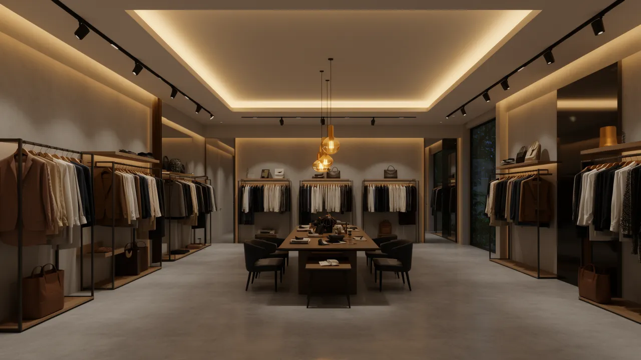 layered lighting in boutique interior highlighting clothing displays