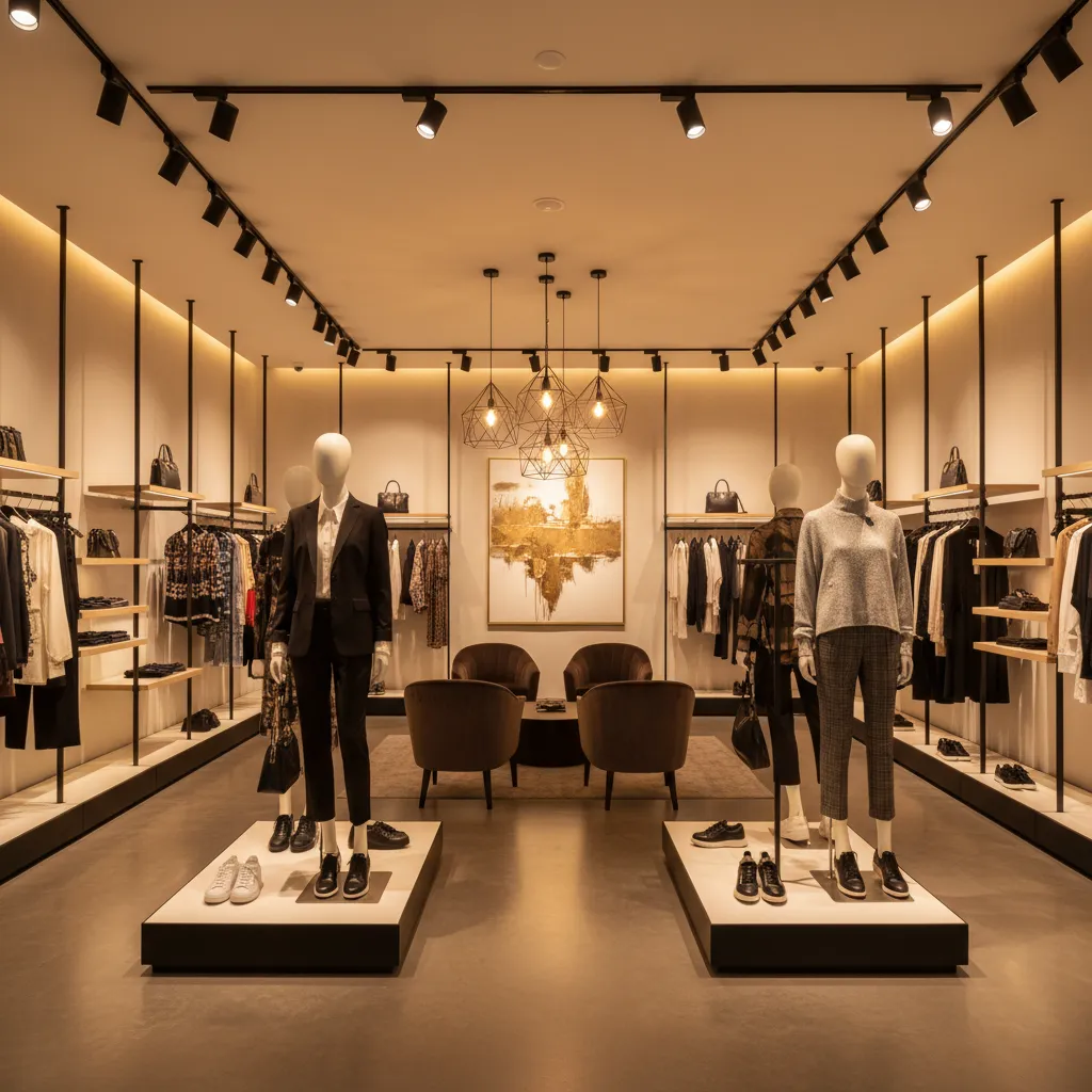 Iluminación dirigida destacando prendas en una boutique