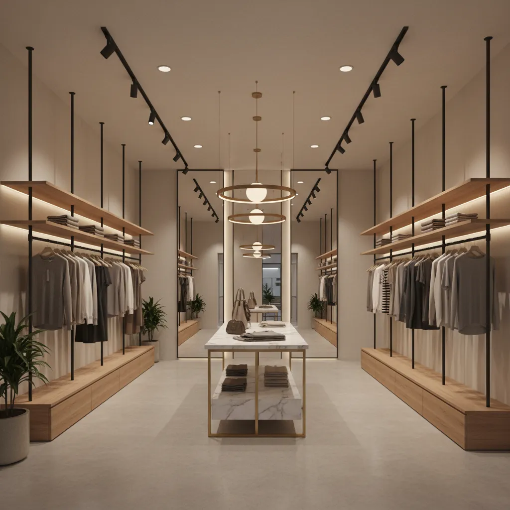 Distribución interior de una boutique con recorrido claro para clientes