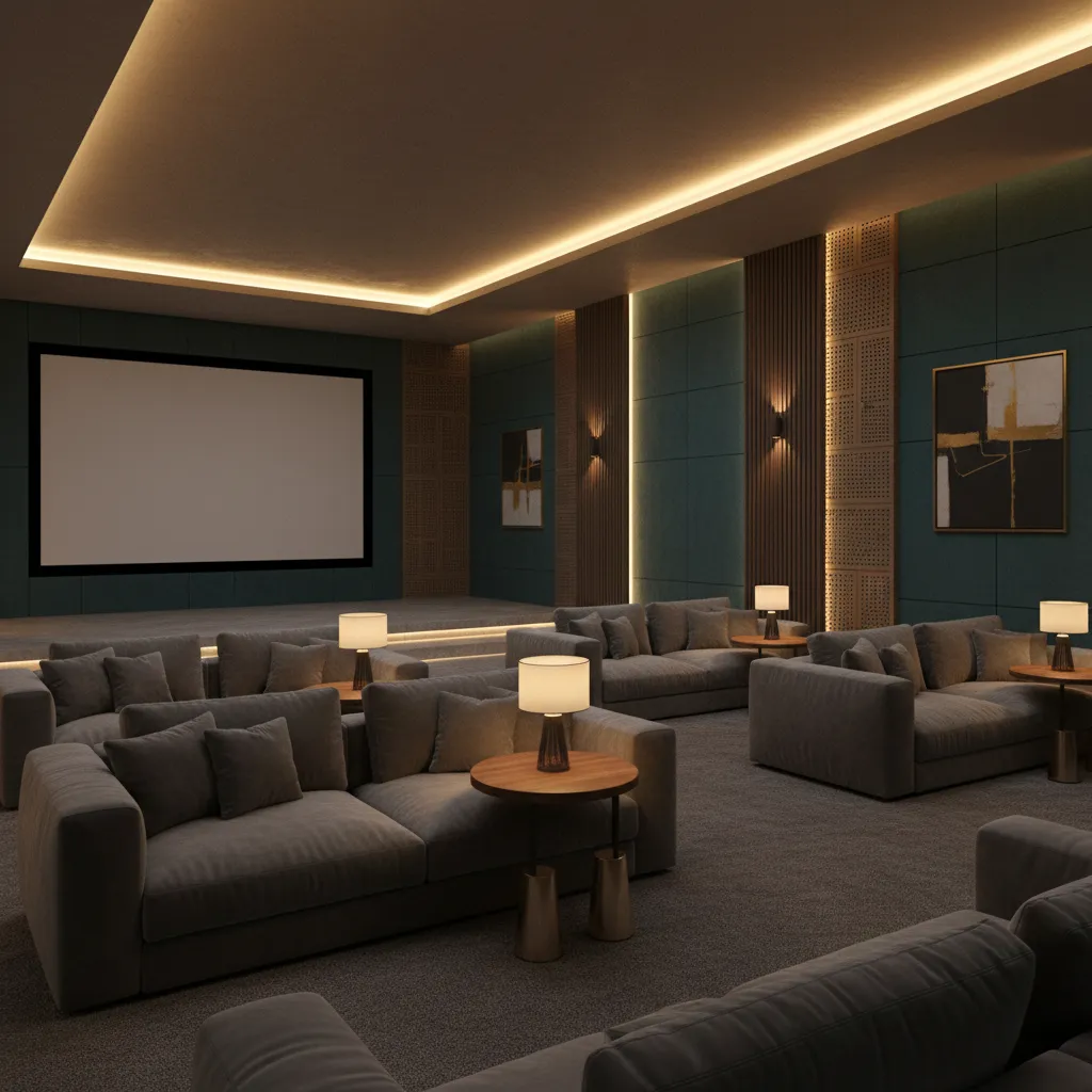 luxury boutique cinema seating with sofas and side tables