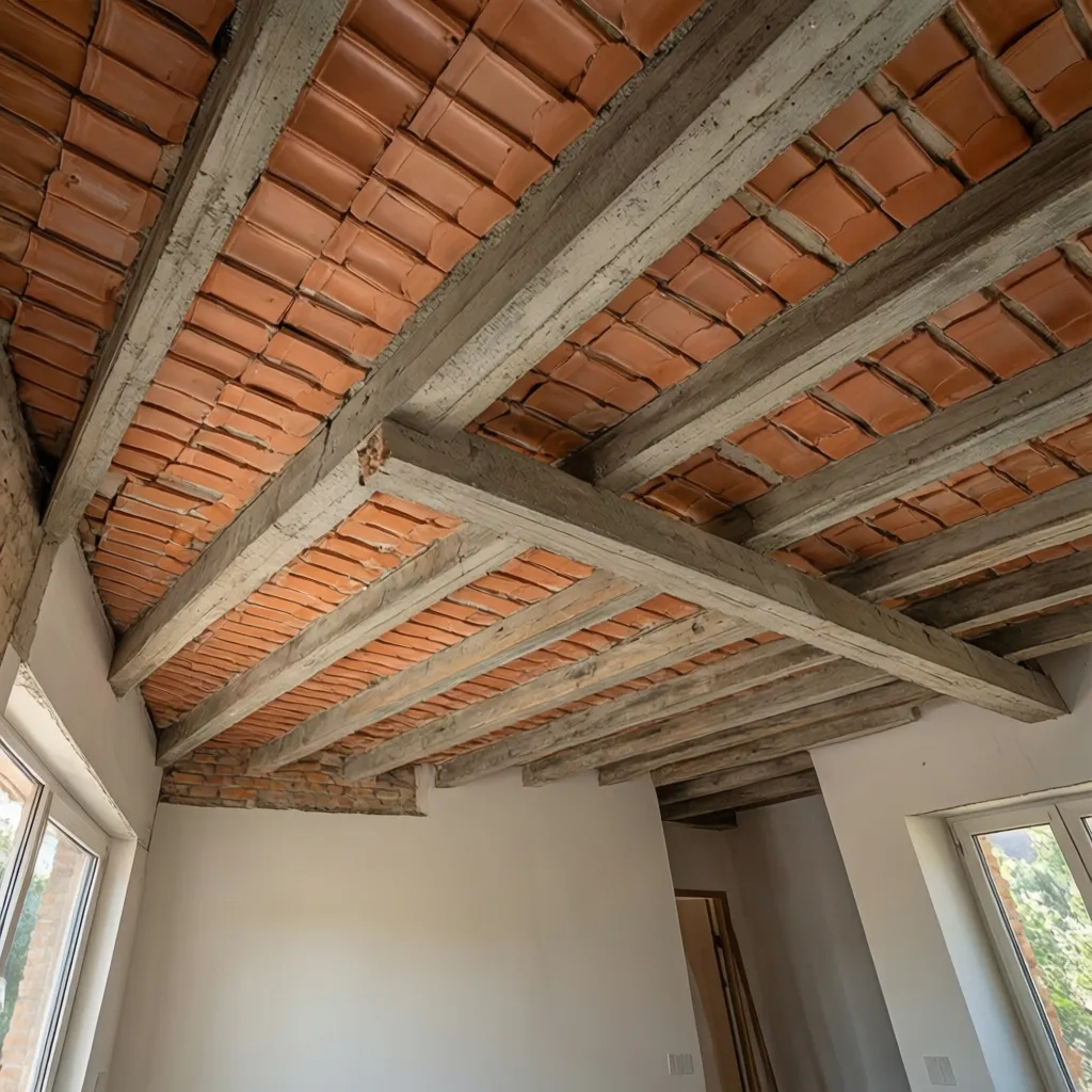 Interior view of a room under construction showing a curved brick ceiling and concrete beams