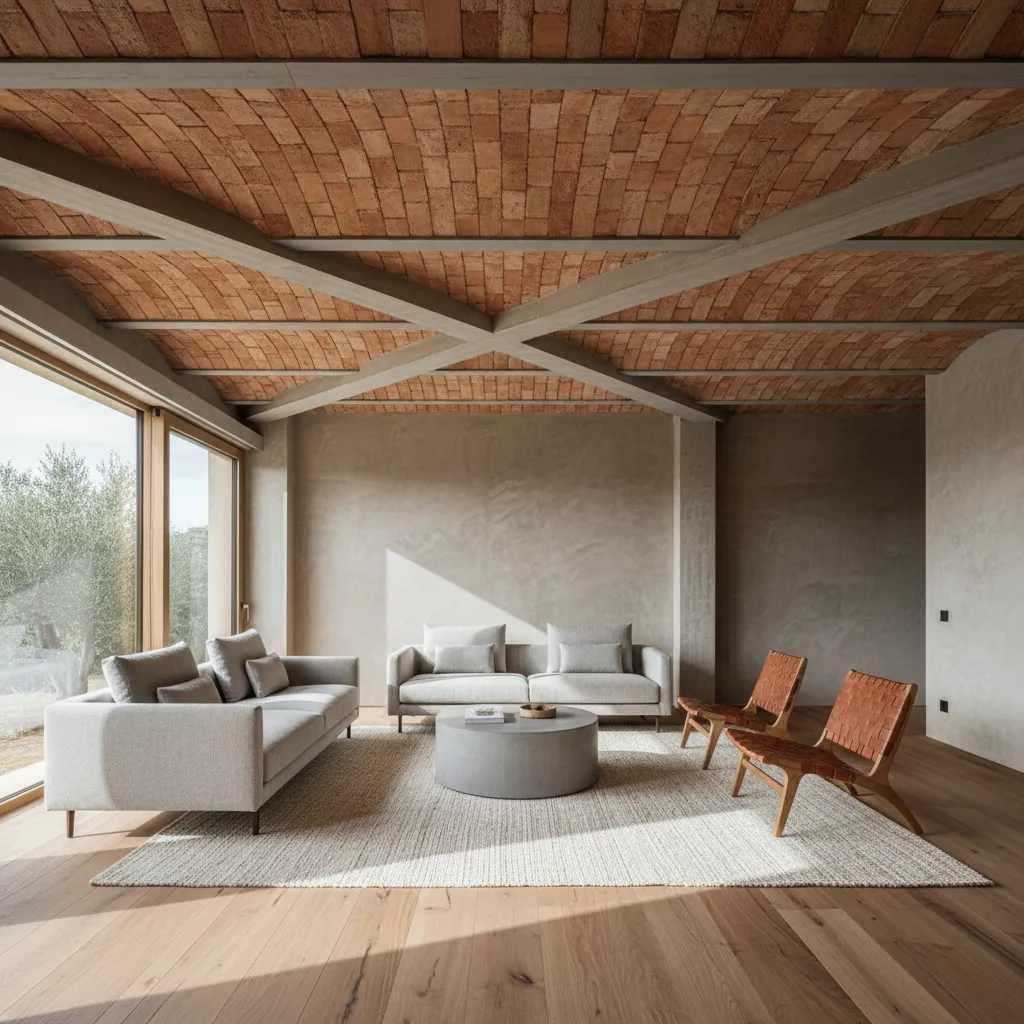 Modern living room with brick ceiling, wooden beams, white sofas, coffee table, and large window