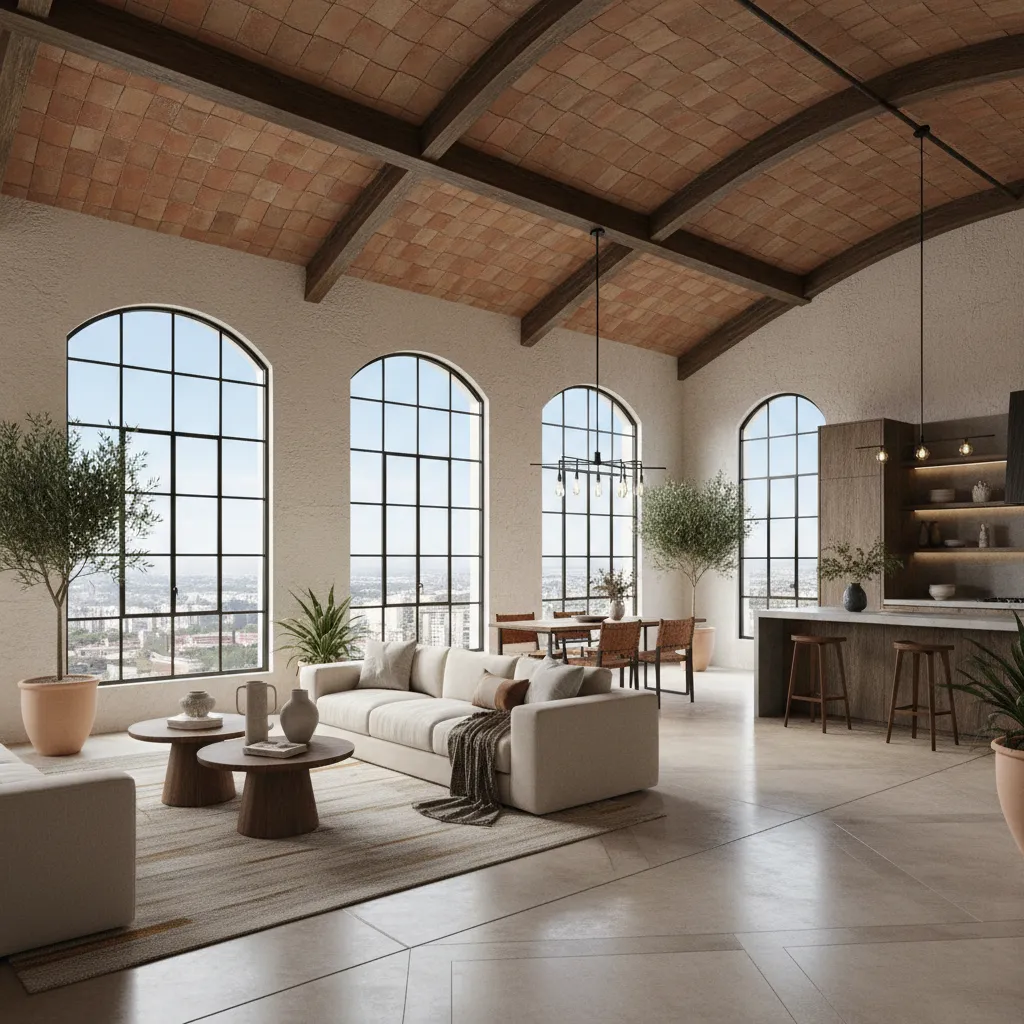 Modern living room and kitchen with arched windows, brick ceiling, white sofa, and wood island