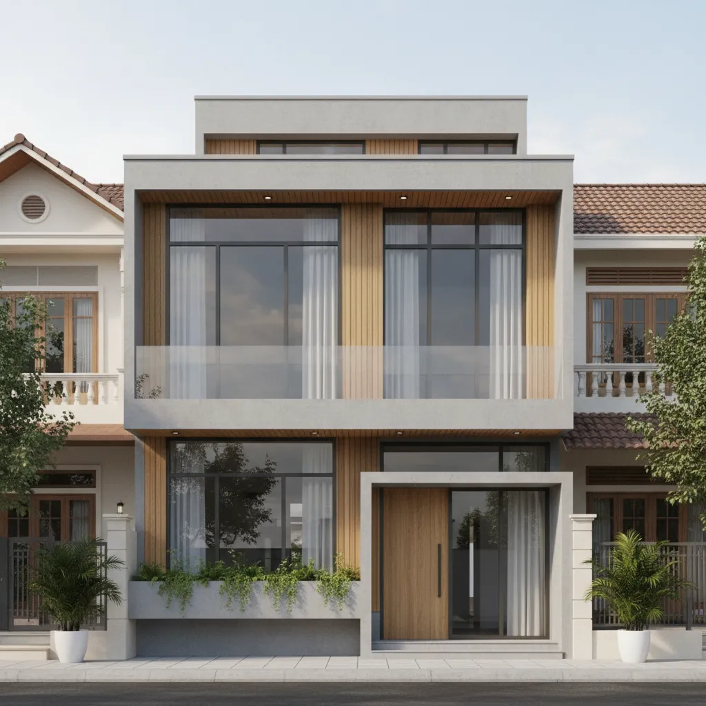 Modern two-story house with grey concrete walls wooden panels large windows and a glass balcony