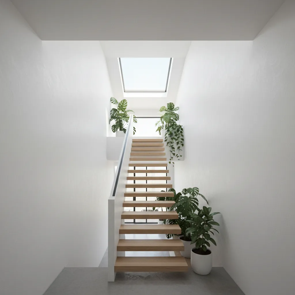 Modern wooden staircase with white walls green potted plants and a large bright roof window