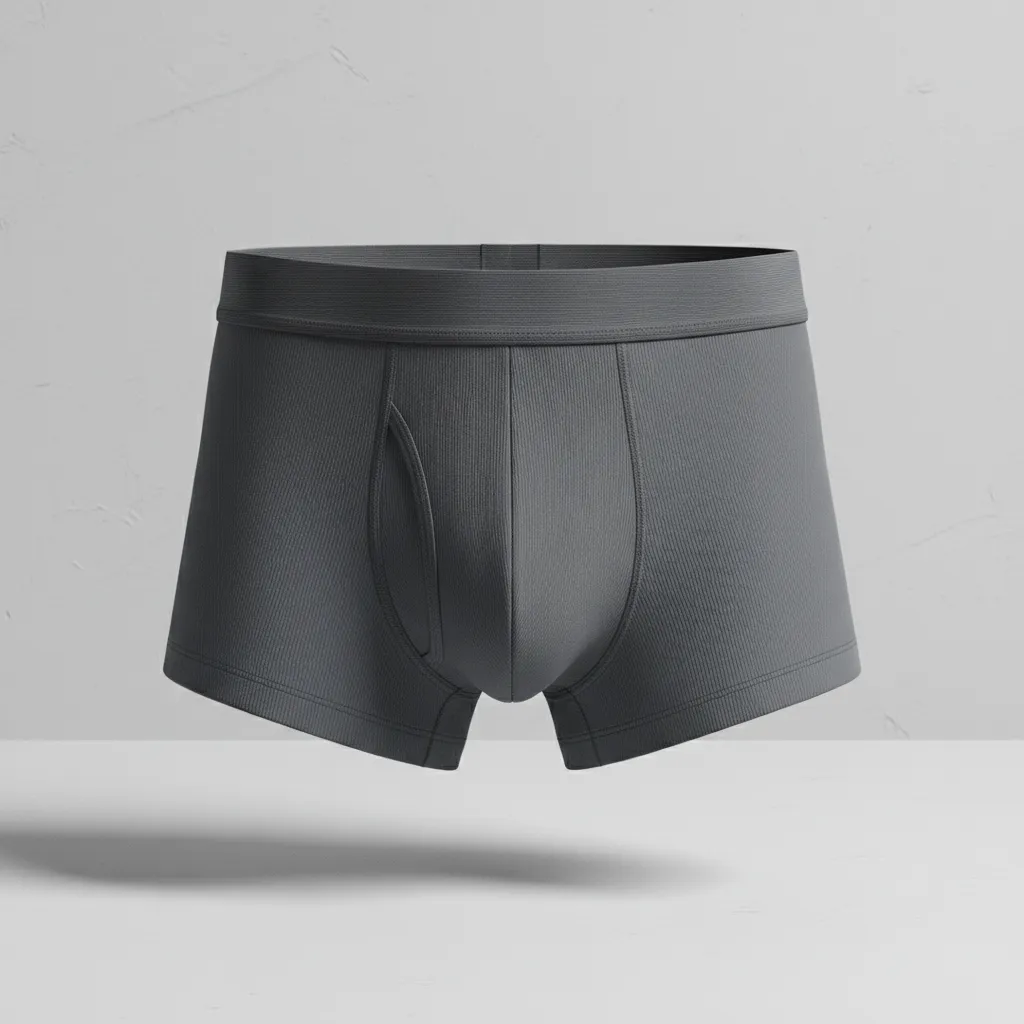 Grey men's underwear with a wide waistband floating against a simple light grey textured wall