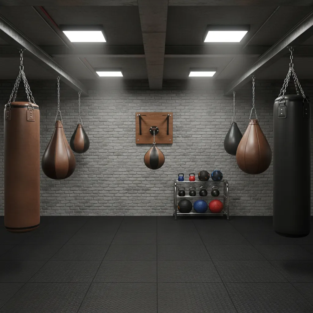 Heavy bags and training equipment arranged in a boxing gym