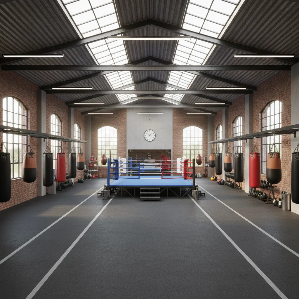 Wide interior view of a boxing gym showing ring and training zones