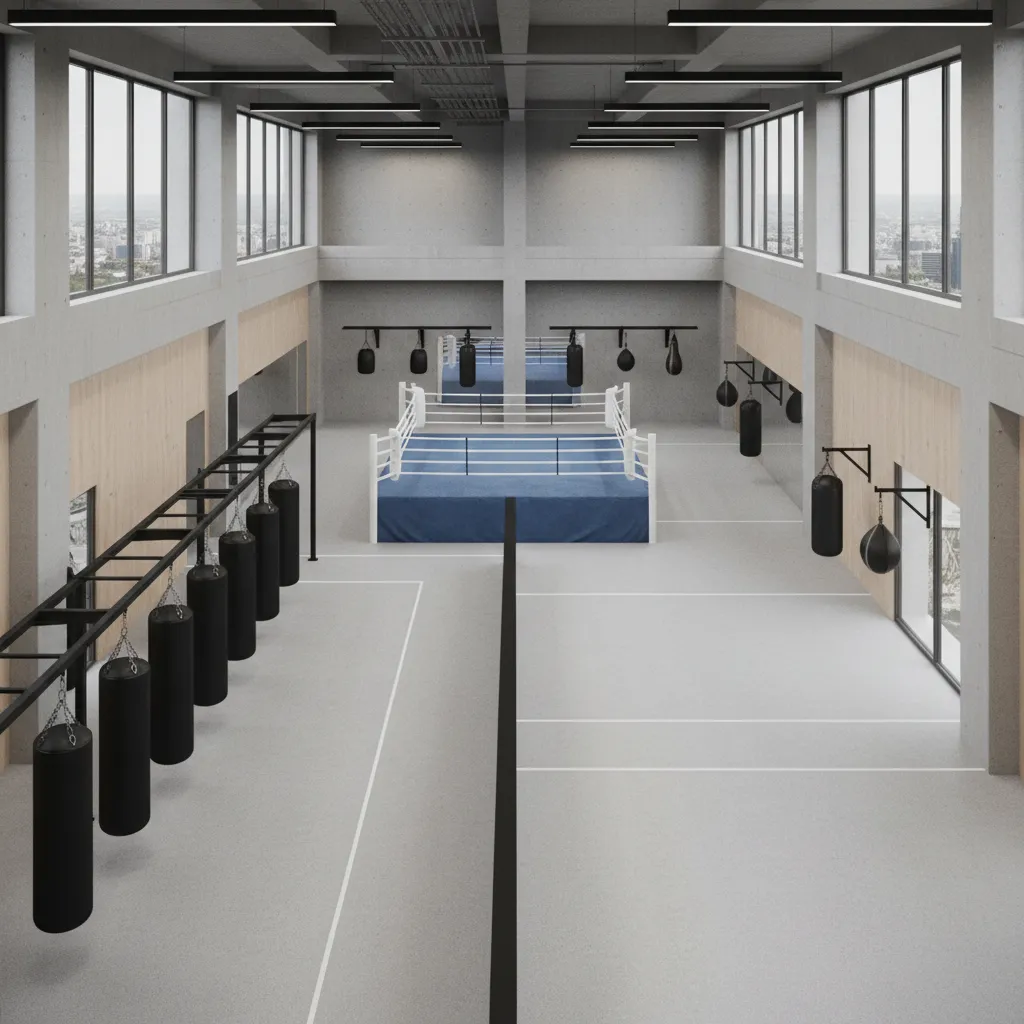 3d layout zones of a boxing gym showing ring bag area and training space