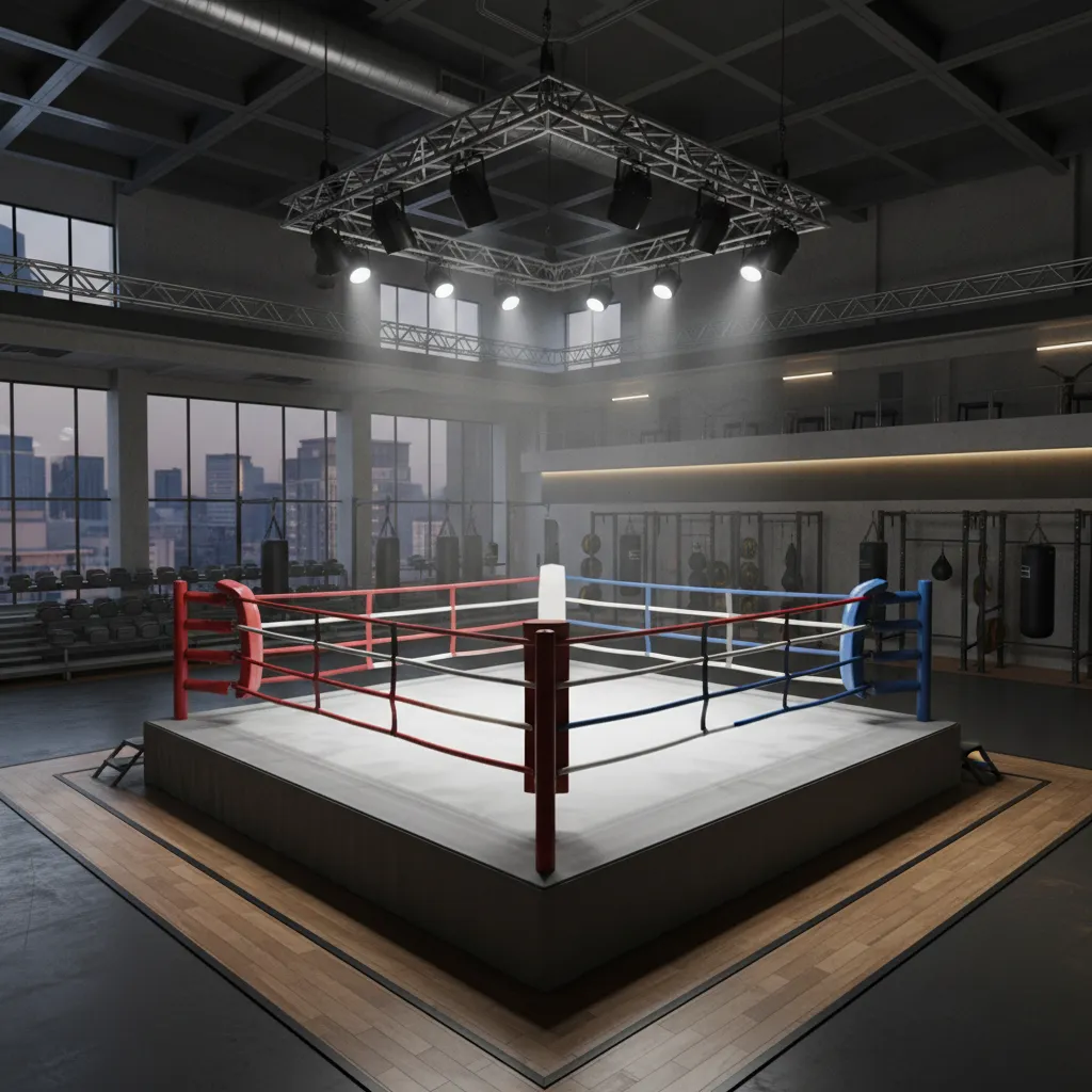 Detailed 3D boxing ring area with ropes and corner pads