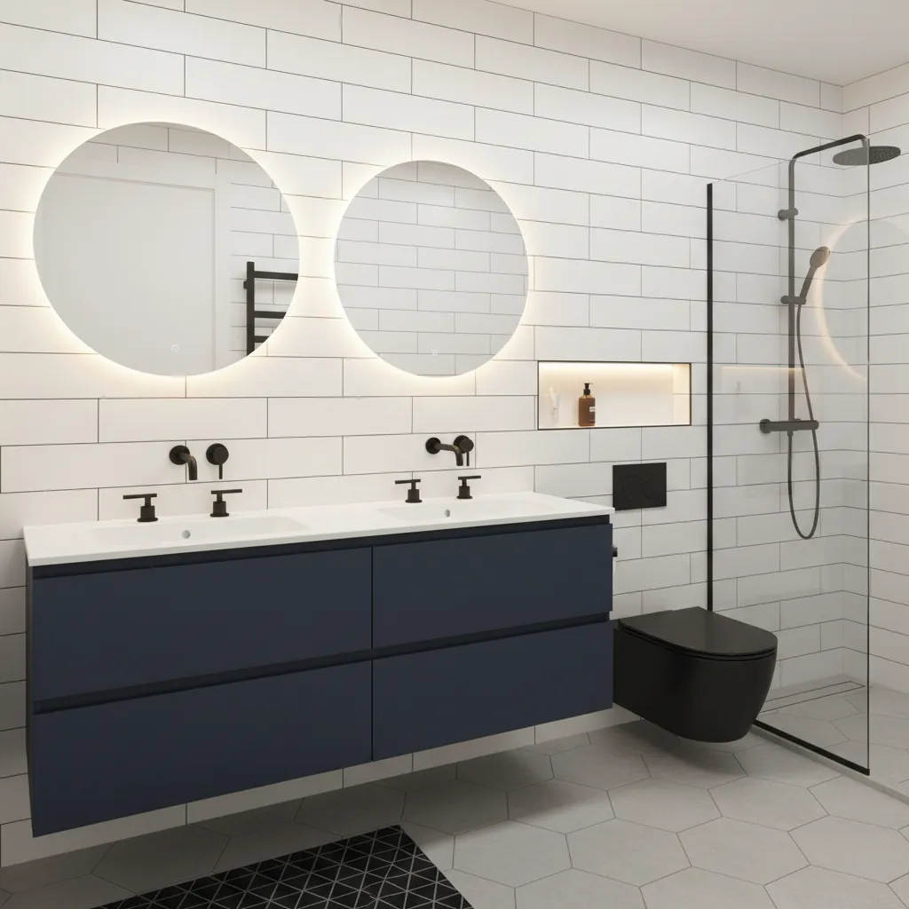 boys bathroom with navy vanity white tile and modern lighting