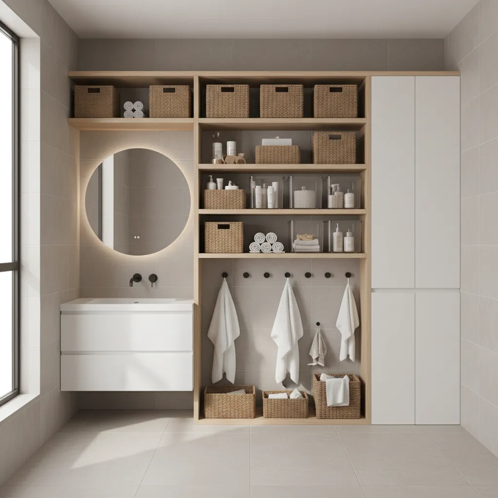 organized boys bathroom storage shelves baskets and towel hooks