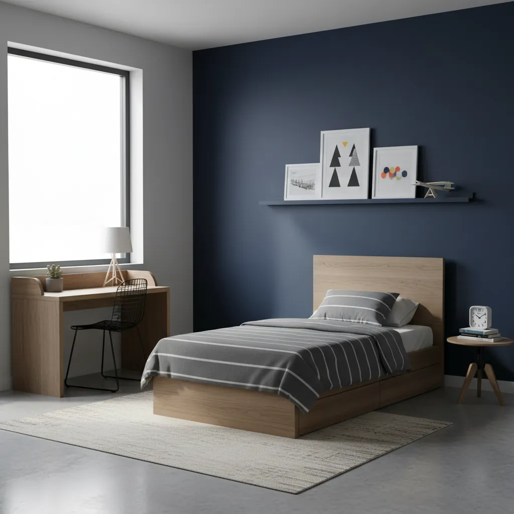 boys bedroom with navy accent wall behind bed
