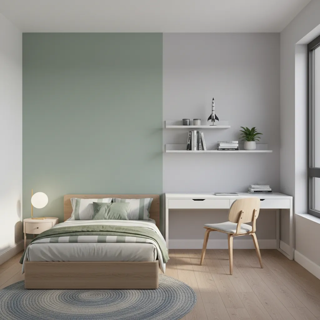 boys bedroom showing color zoning for bed and study area
