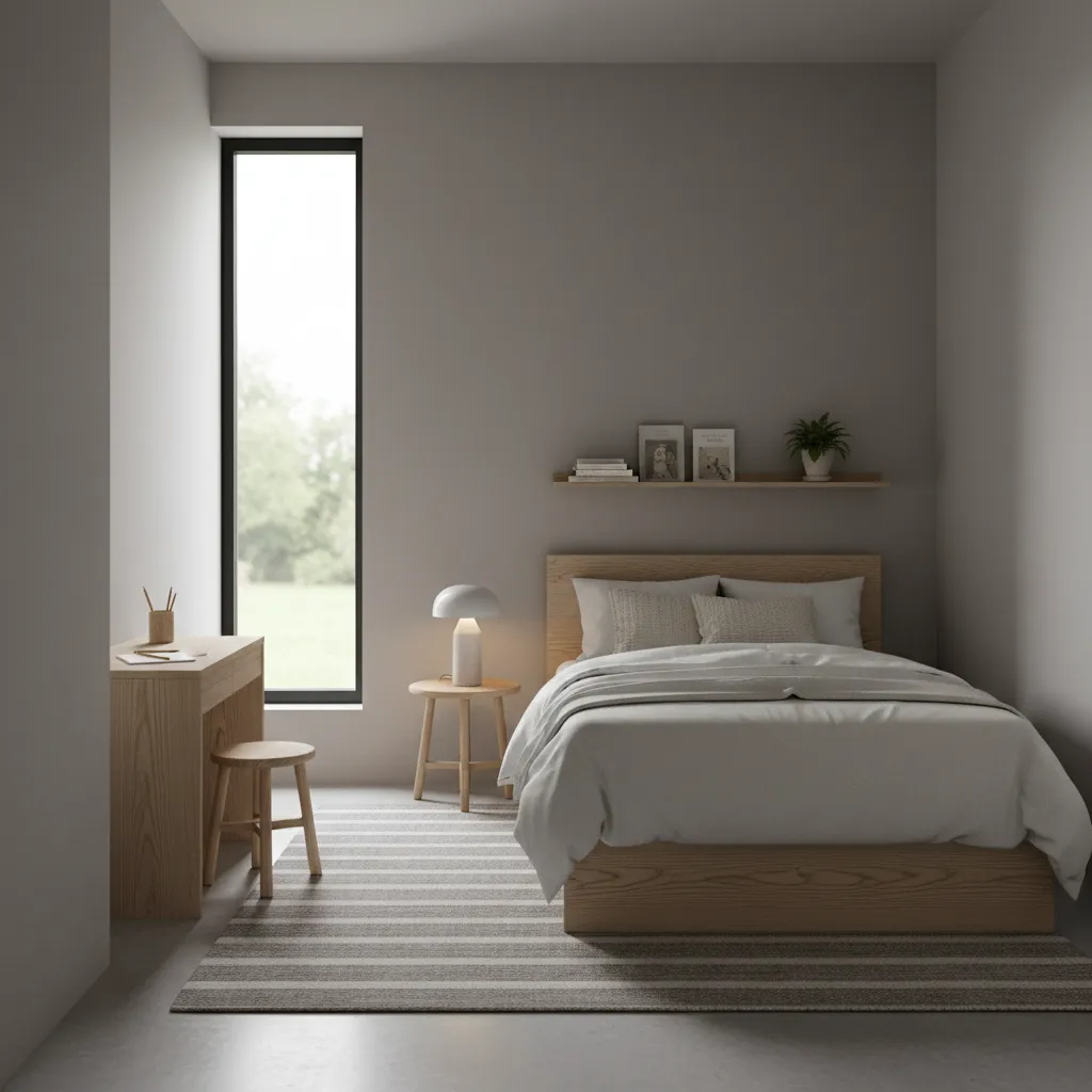 boys bedroom with neutral gray walls wooden furniture and playful decor