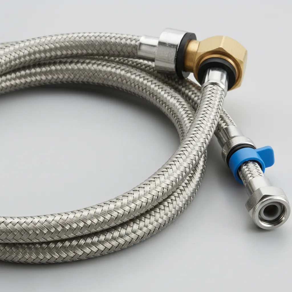 Braided stainless steel kitchen sprayer hose and connector design