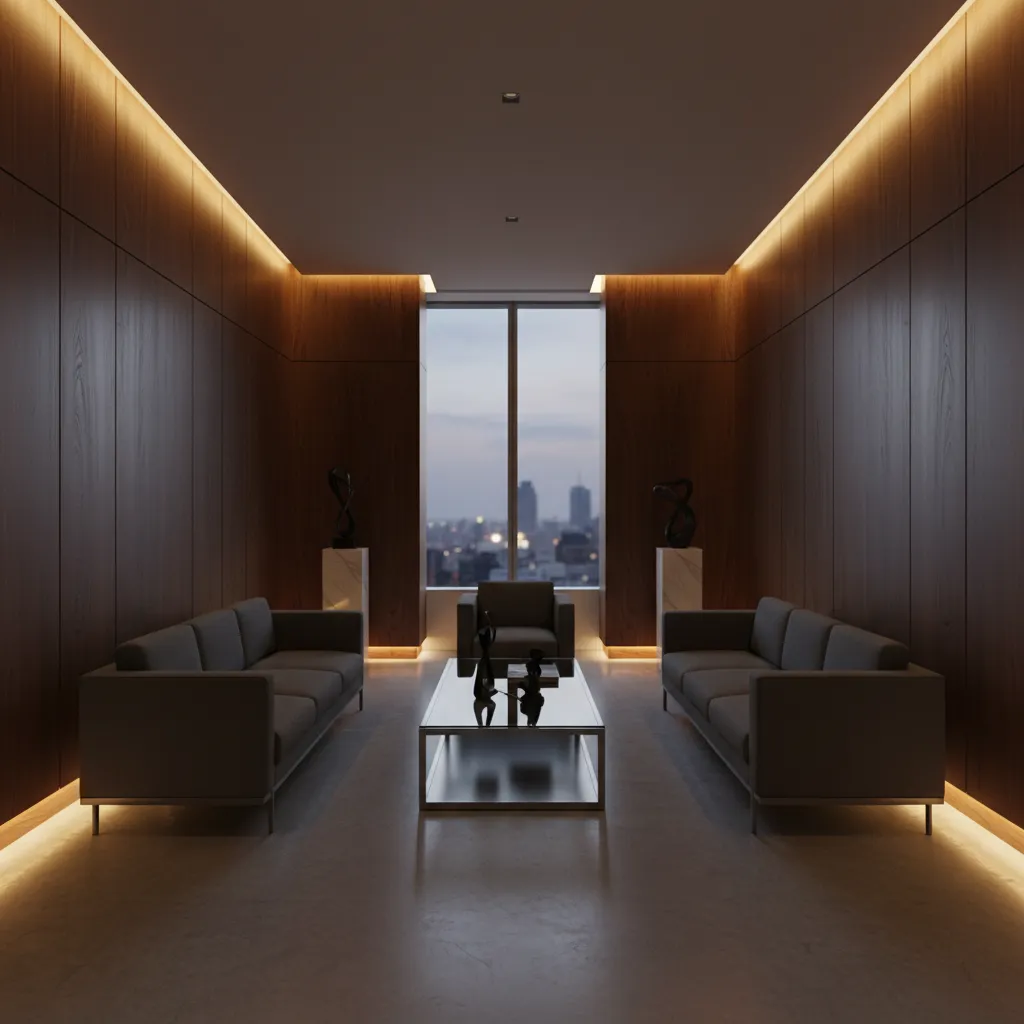 Oficina corporativa elegante con paneles de madera y luz indirecta
