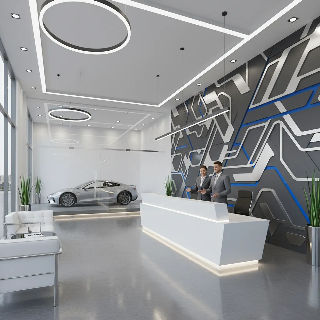 branded modern car rental office interior with vehicle display and reception desk