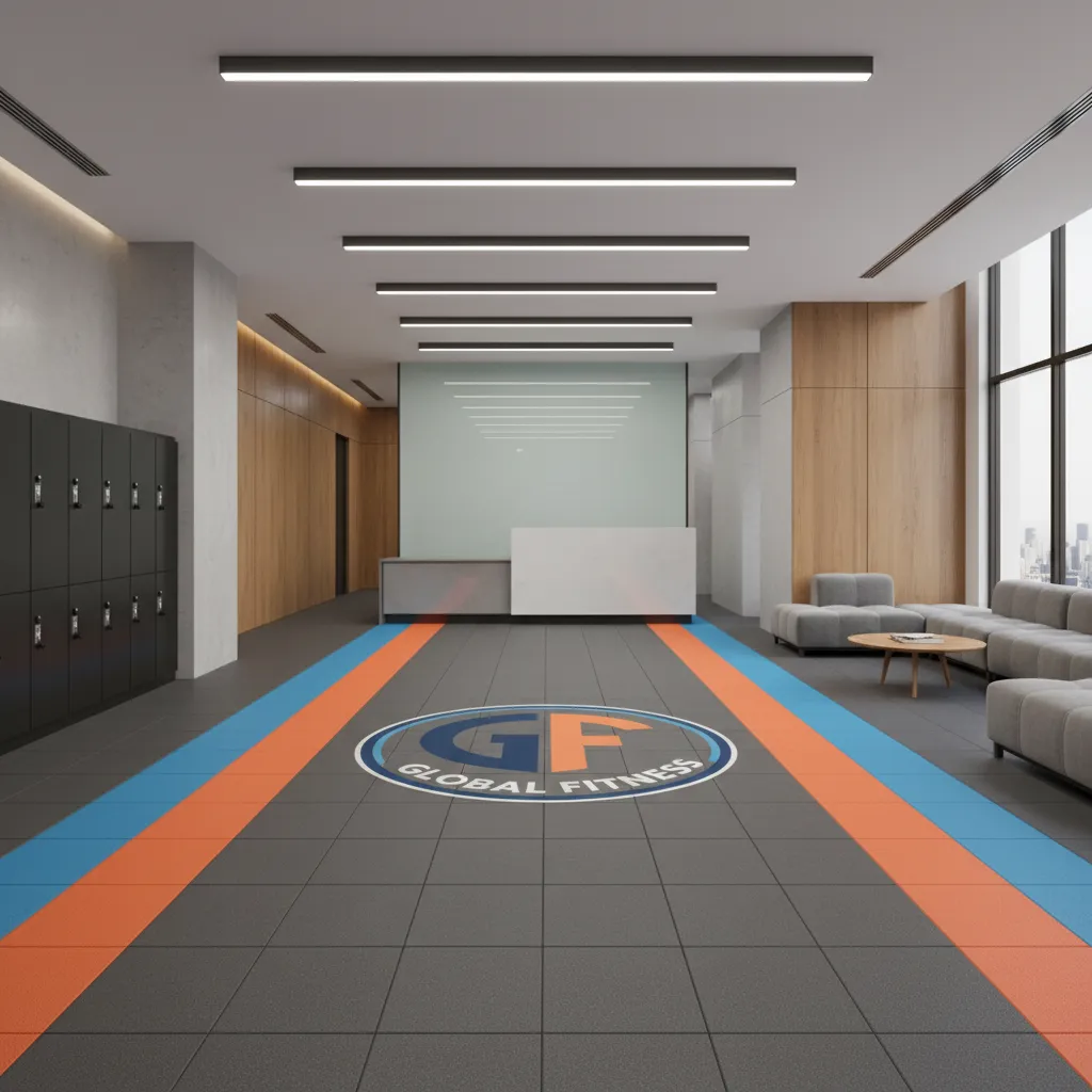 Gym floor with integrated logo and color branded rubber flooring
