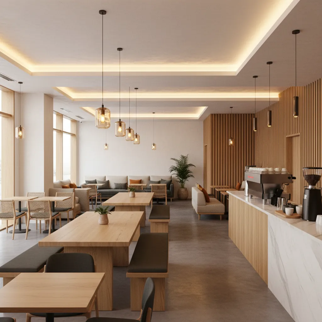 Cafetería diseñada con materiales cálidos y mesas comunitarias