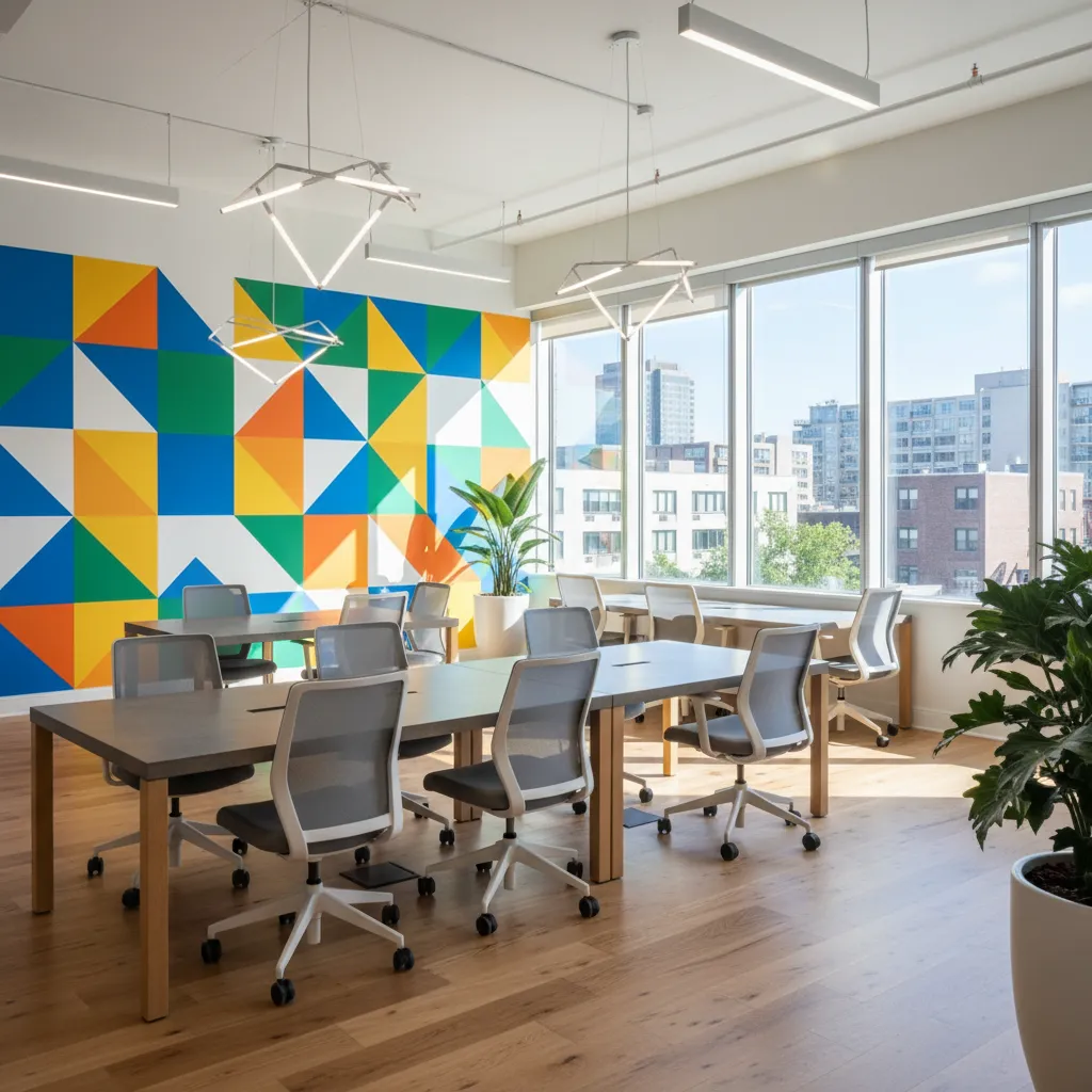 Espacio de coworking con colores de marca y gráficos geométricos en paredes