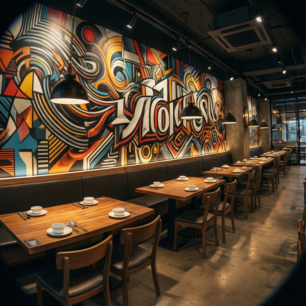 Modern restaurant interior with wooden tables black chairs large colorful wall art and ceiling lights
