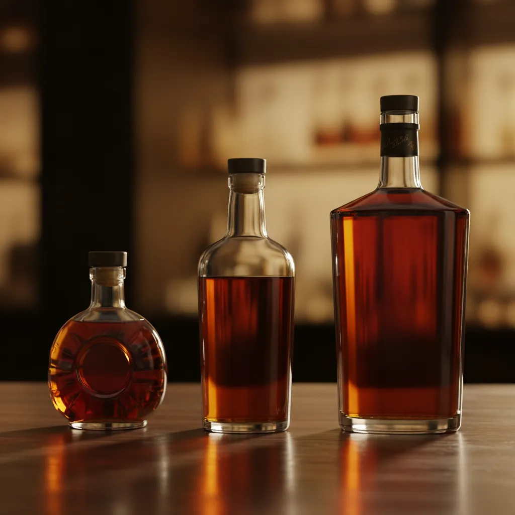 Different brandy bottle sizes 180ml 375ml and 750ml arranged on bar table