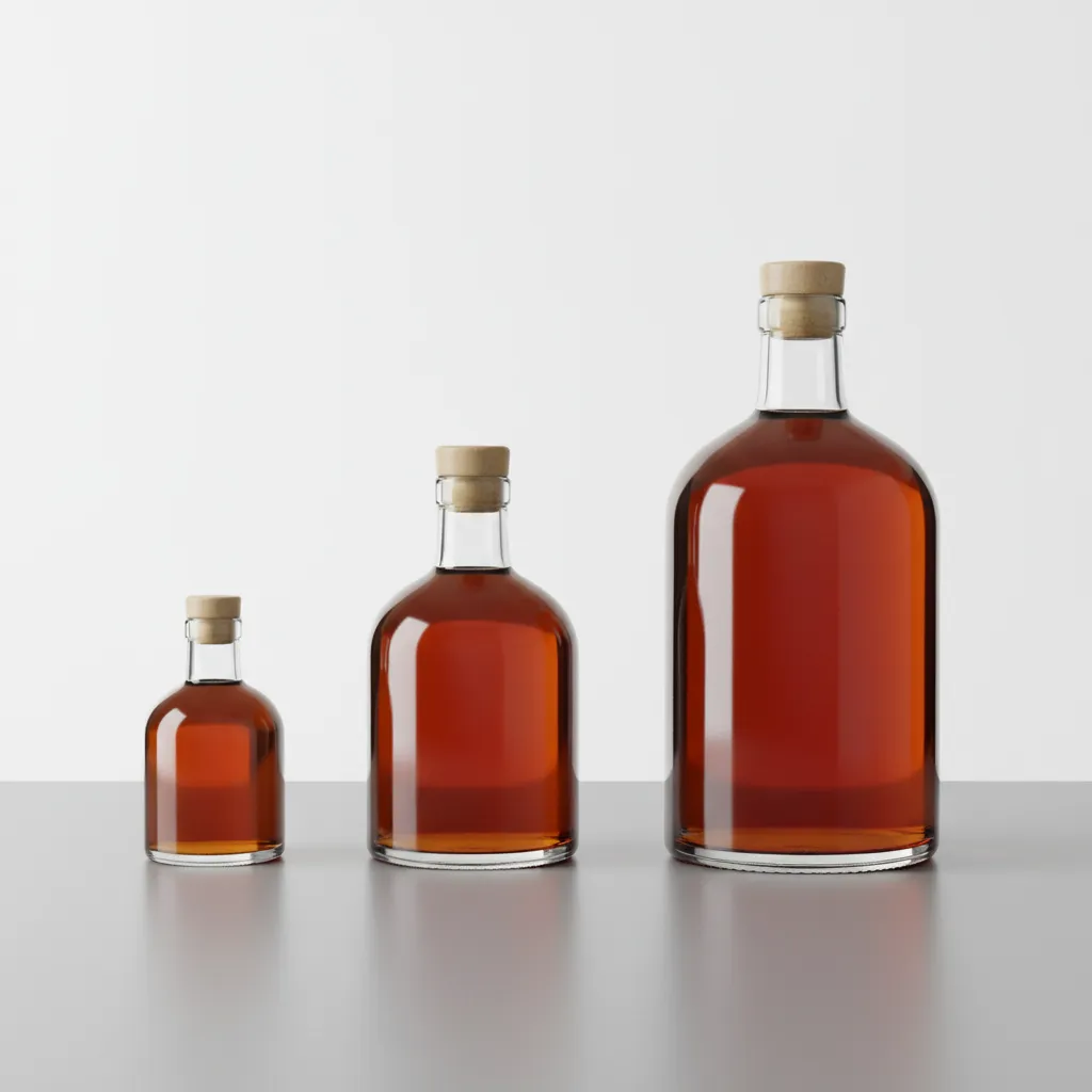 Different bottle sizes of brandy displayed side by side