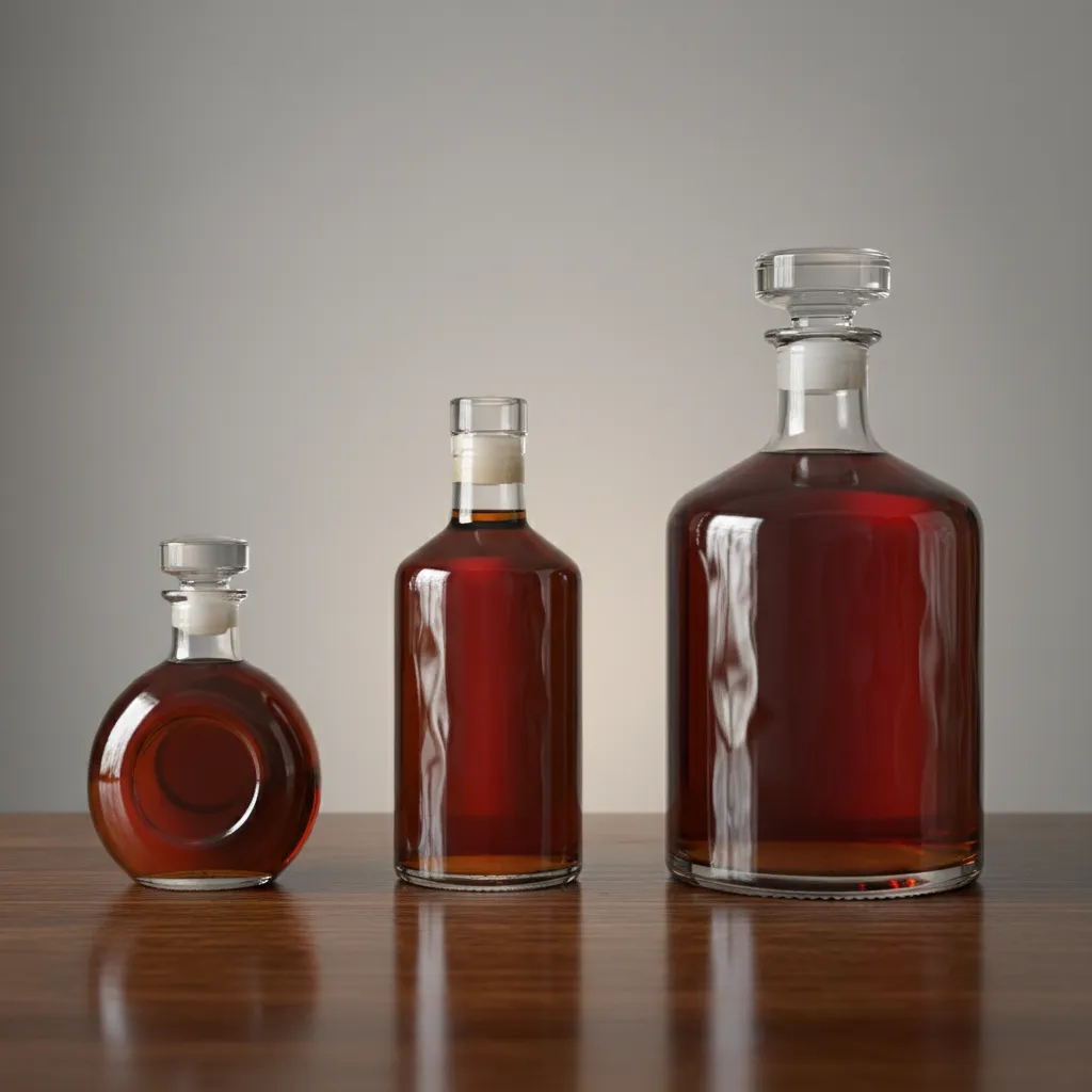 Three brandy bottle sizes displayed side by side showing 180ml 375ml and 750ml