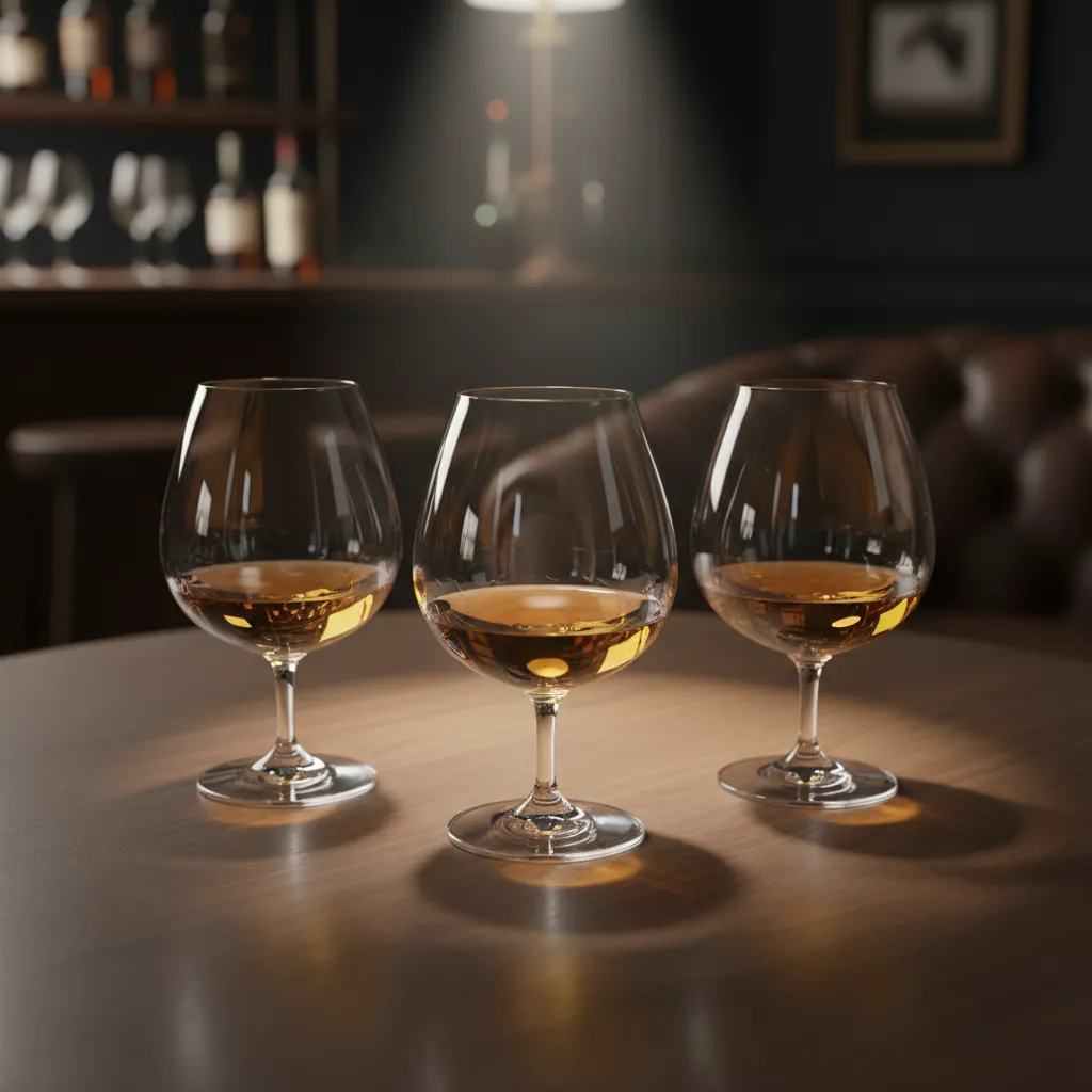 Brandy tasting glasses with amber liquid on a wooden tasting table
