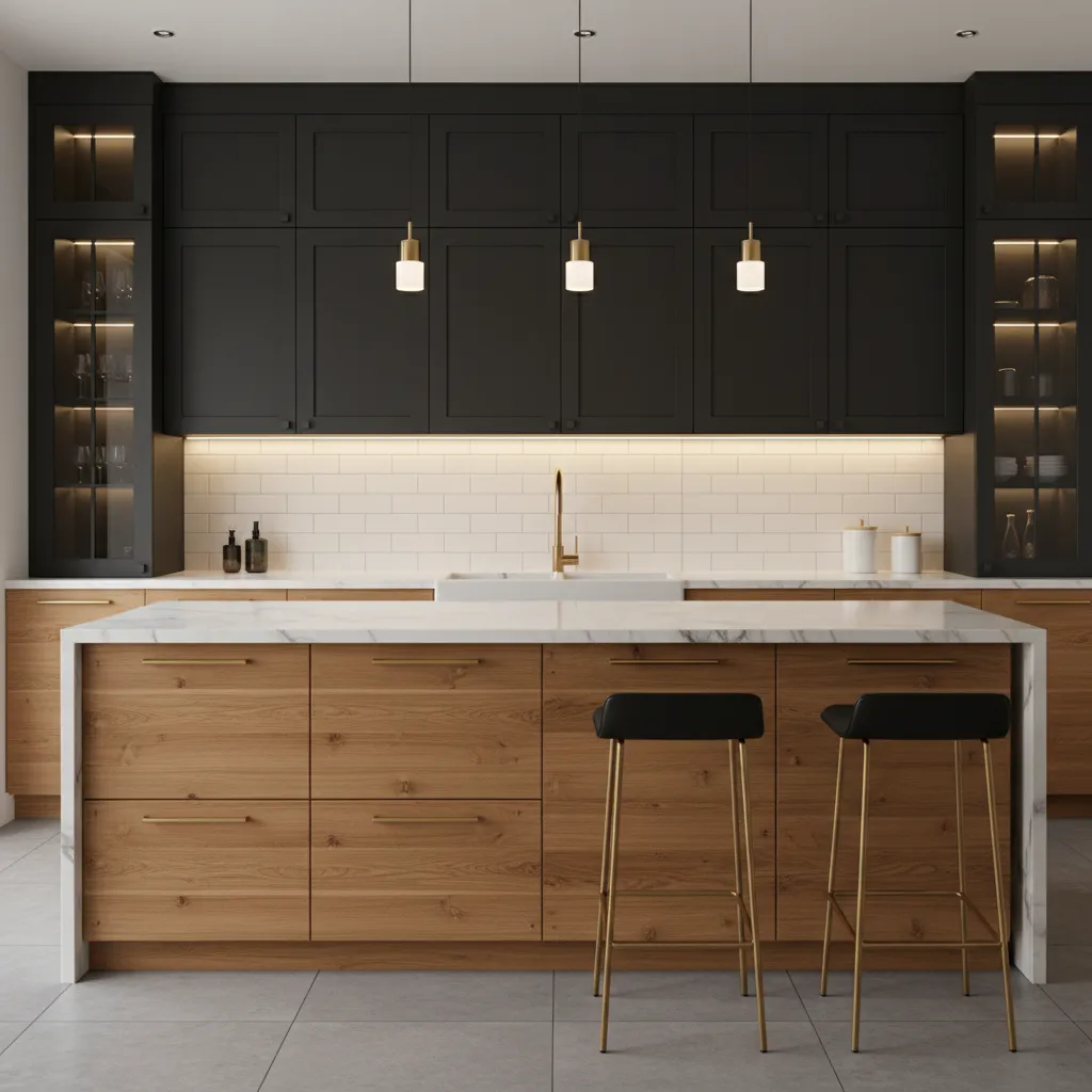 Modern kitchen cabinets featuring brass and matte black handles