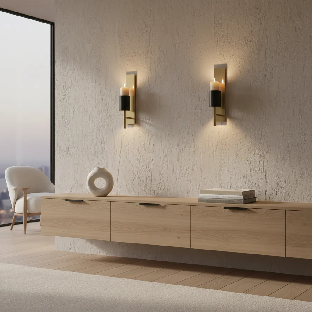 Brushed brass and matte black wall candle sconces in modern apartment