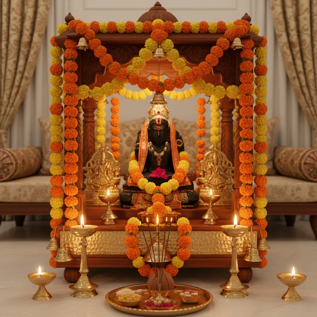 brass bell garland decorating a pooja mandir