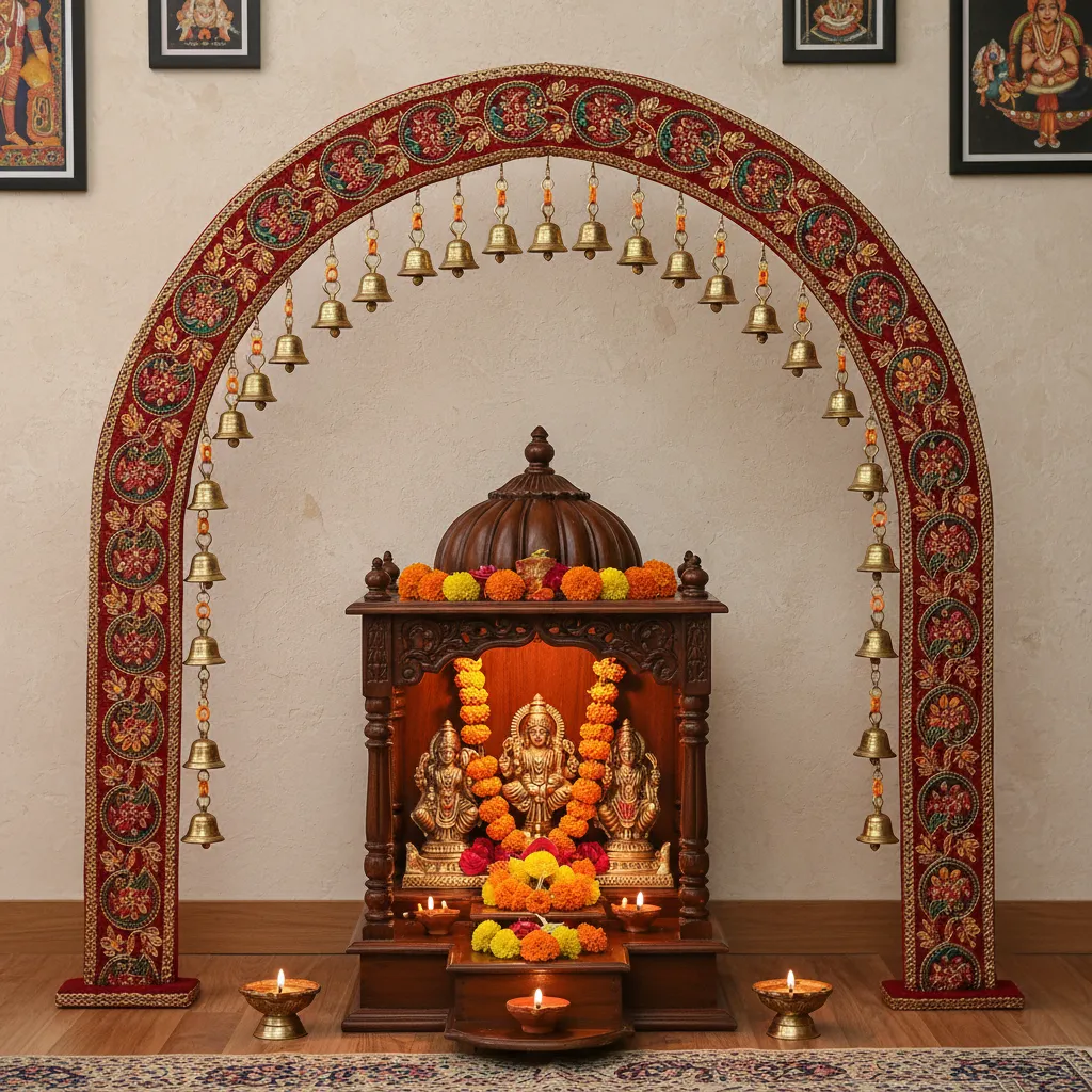 decorative toran with small brass bells above pooja mandir