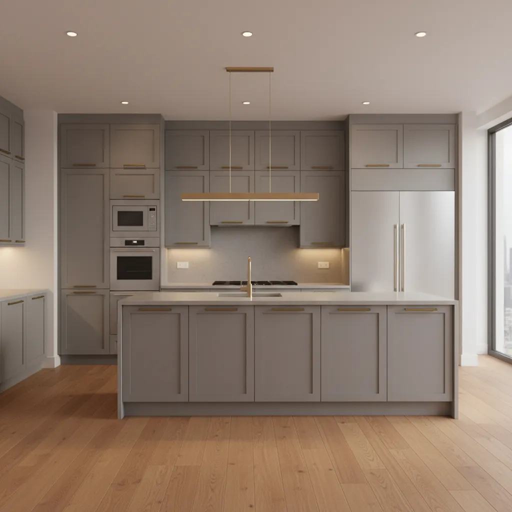 Warm brass cabinet handles on gray kitchen cabinets with stainless appliances