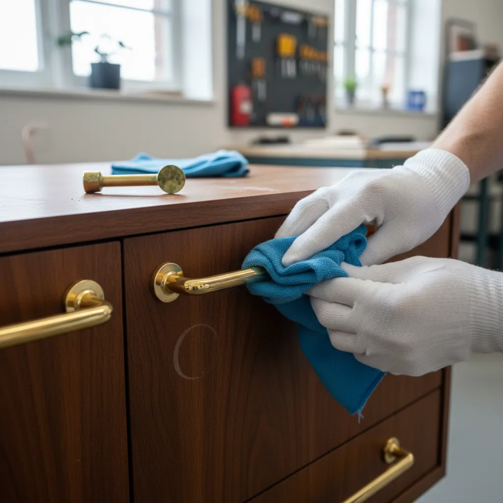 cleaning tarnished brass hardware with soft cloth and polish