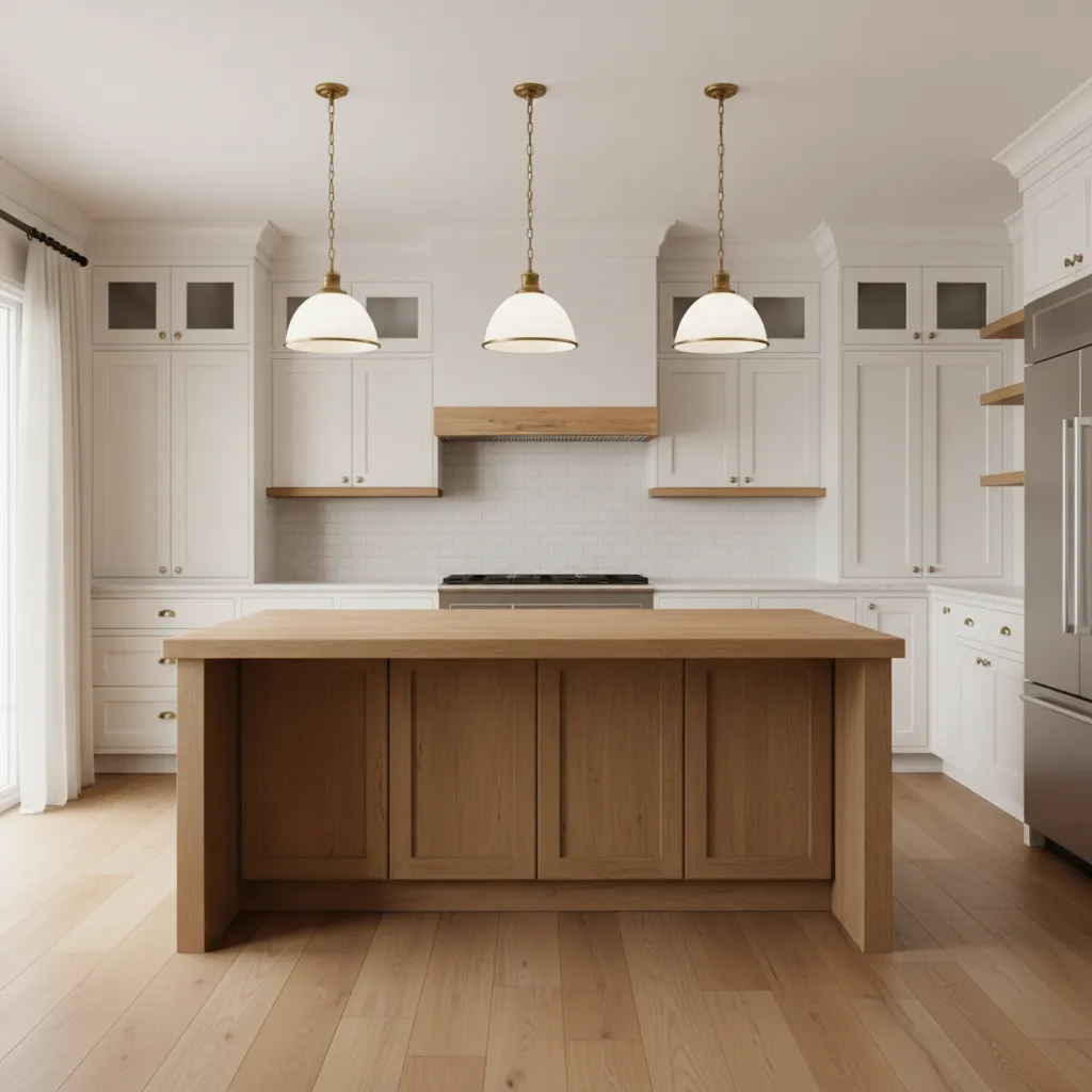 Kitchen island with brushed brass pendant lights and warm tones