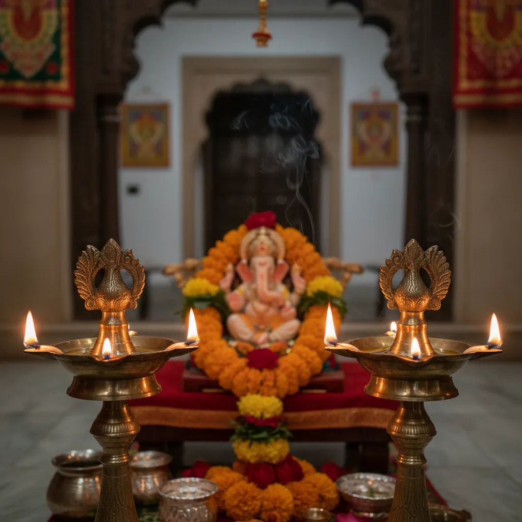 Traditional brass lamps lit beside a pooja altar