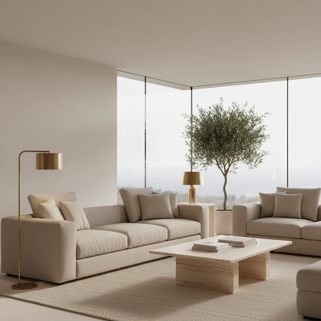 Neutral living room featuring brass lighting fixtures and beige decor