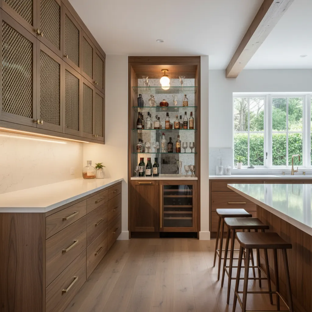 kitchen cabinets featuring brass mesh panels with warm lighting