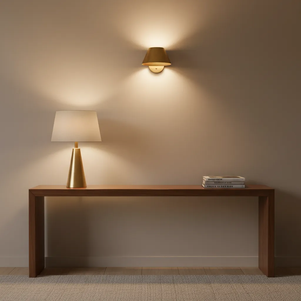 Brass lighting fixtures in a mid century modern interior with walnut furniture