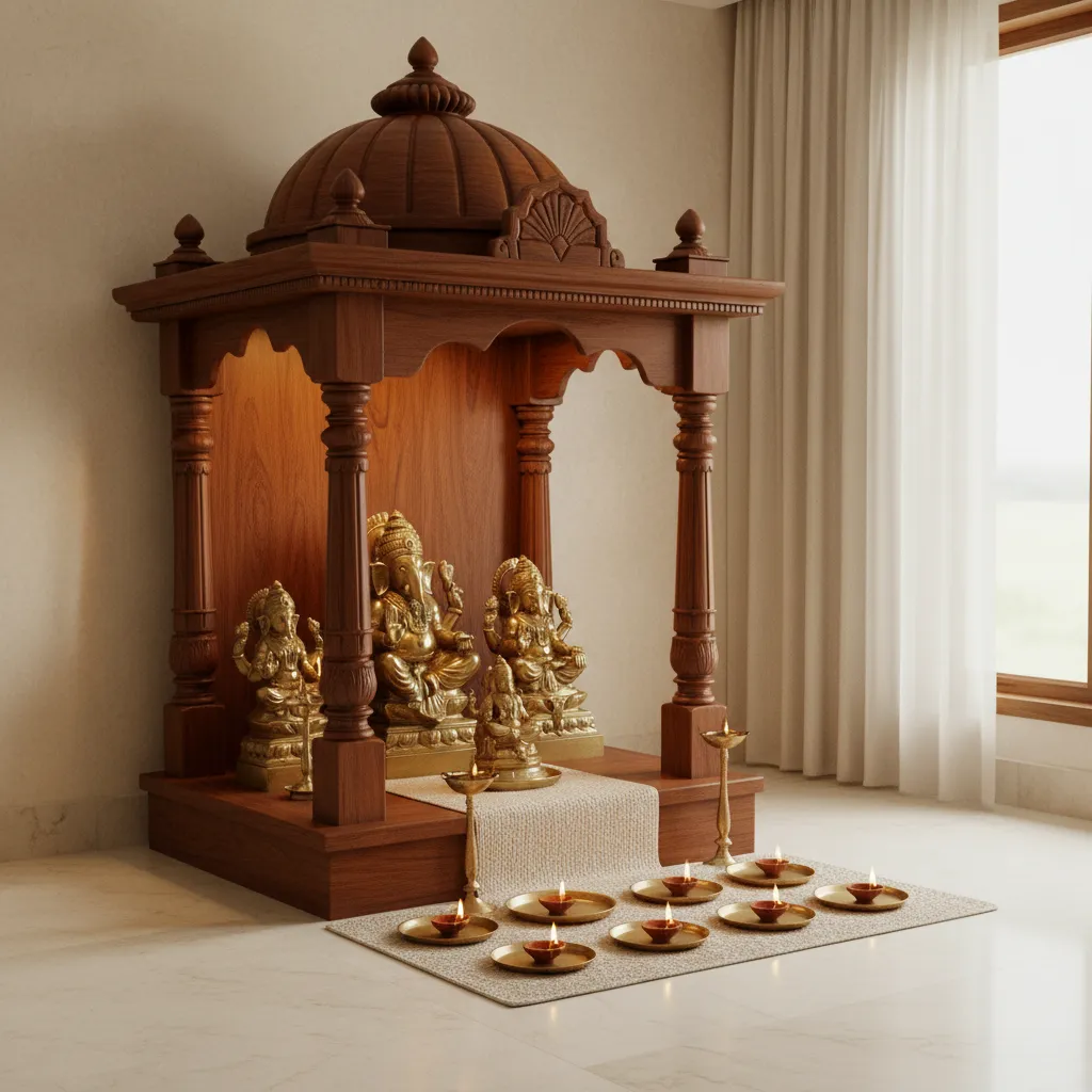 brass plates arranged symmetrically in front of a home mandir