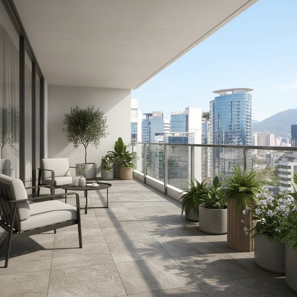 outdoor balcony with textured anti slip ceramic tiles and seating area