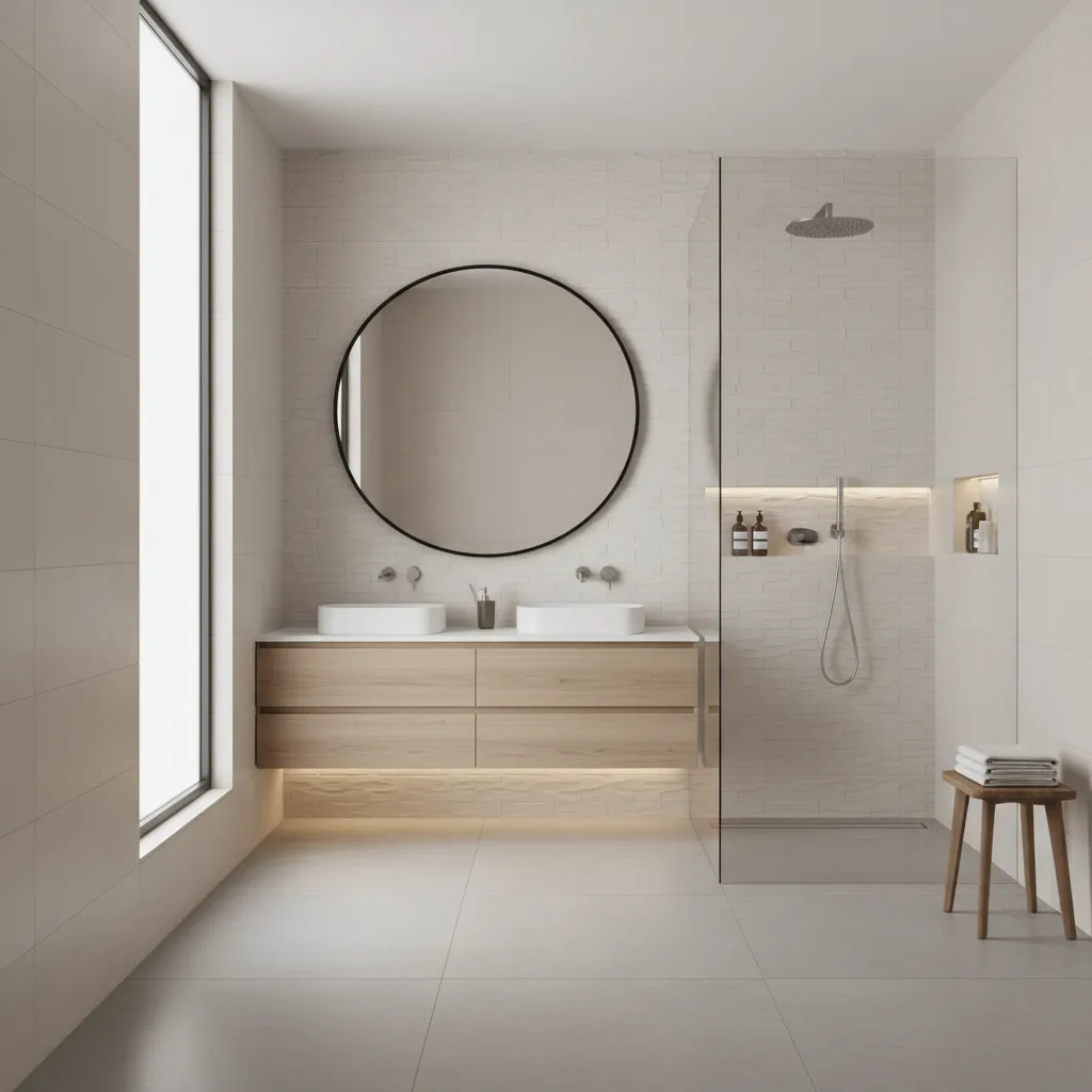 Modern bathroom with textured bravat tiles on shower wall and matte floor tiles