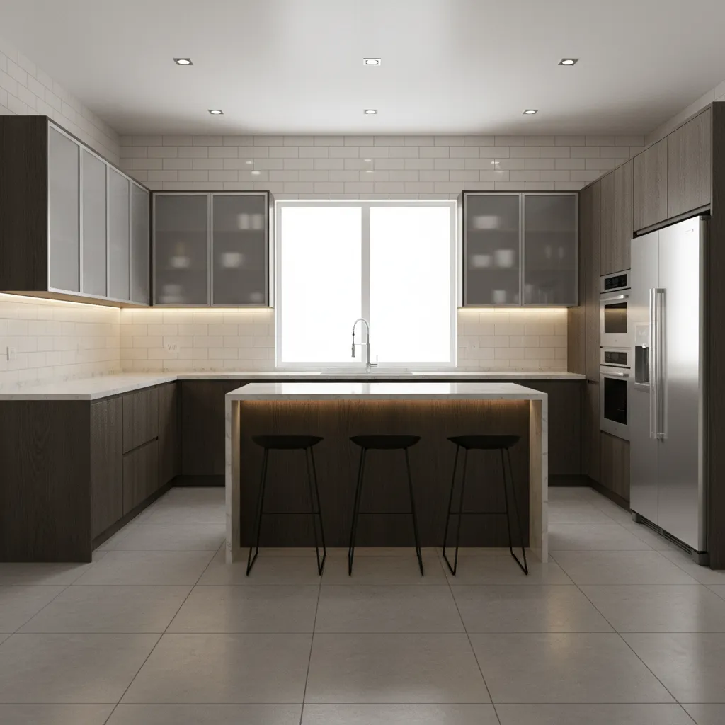modern kitchen with glossy ceramic backsplash tiles and matte tiled floor