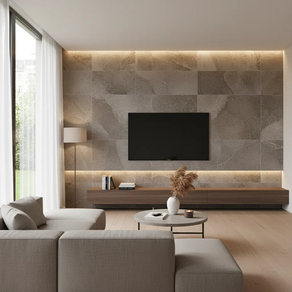 living room with textured tile feature wall behind television