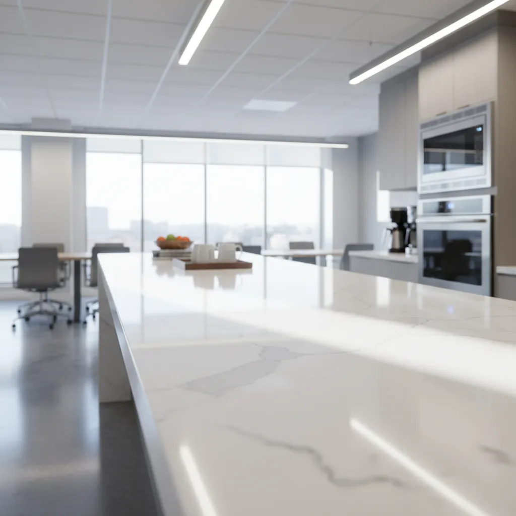 Break room countertop with glare from overhead lighting reflecting on glossy surface
